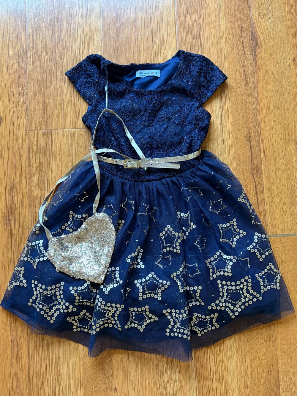 Girls Navy Lace & Sequin Star Dress with Gold Accents